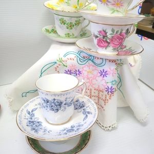 6 sets bone china cups and saucers.   Tea party Birthday assorted sets euc.